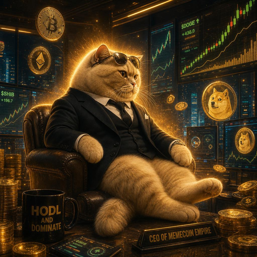 KAT in a suit surrounded by cryptocurrency charts and coins
